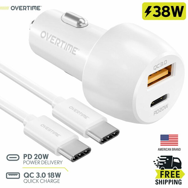 Overtime USBC PD38 Car Charger and 6ft USBC-USBC Cable OTC2PD6TC